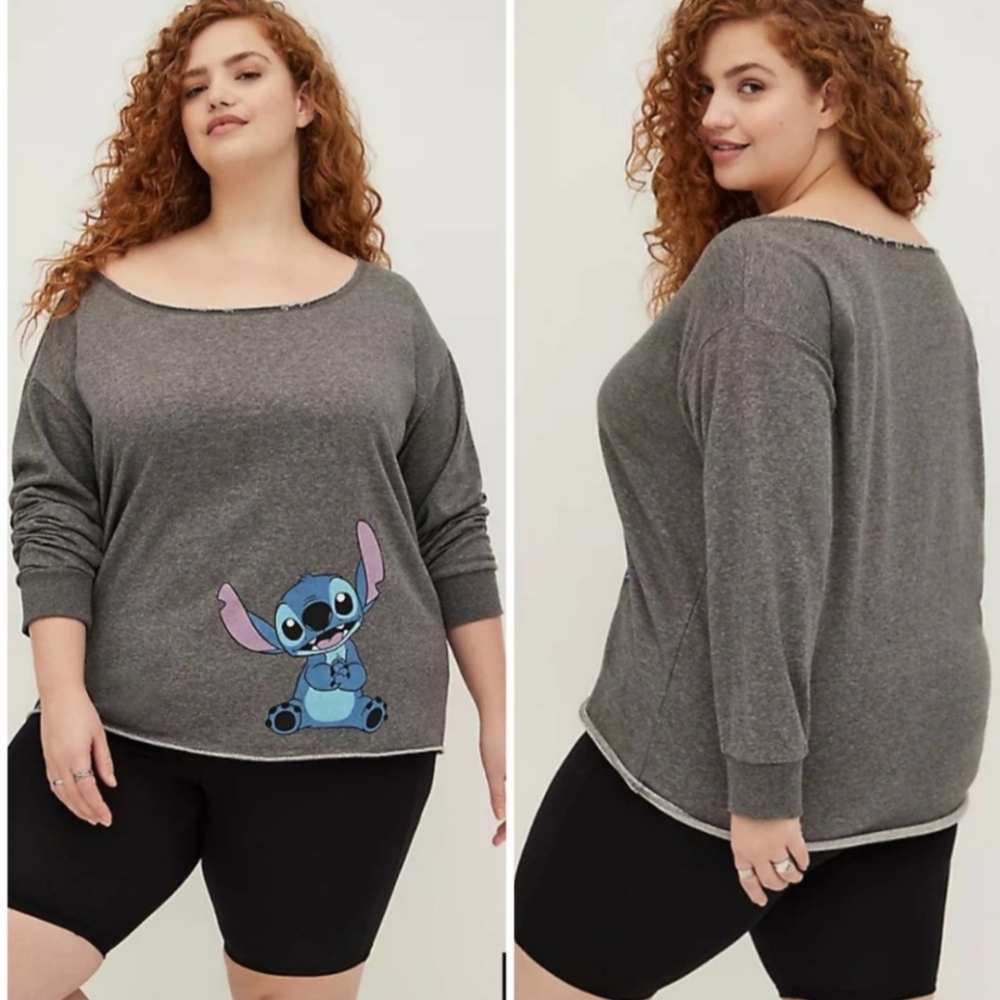 Torrid NWT Disney Lilo & Stitch Off Shoulder Sweatshirt Raw Hem Grey Size 2X